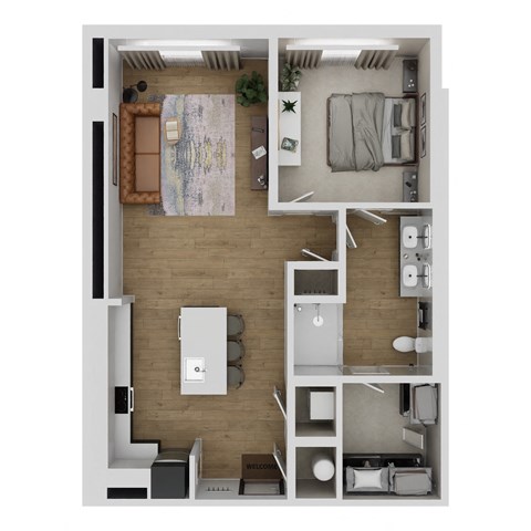 A top-down view of a small apartment with a kitchen, living room, and bedroom.